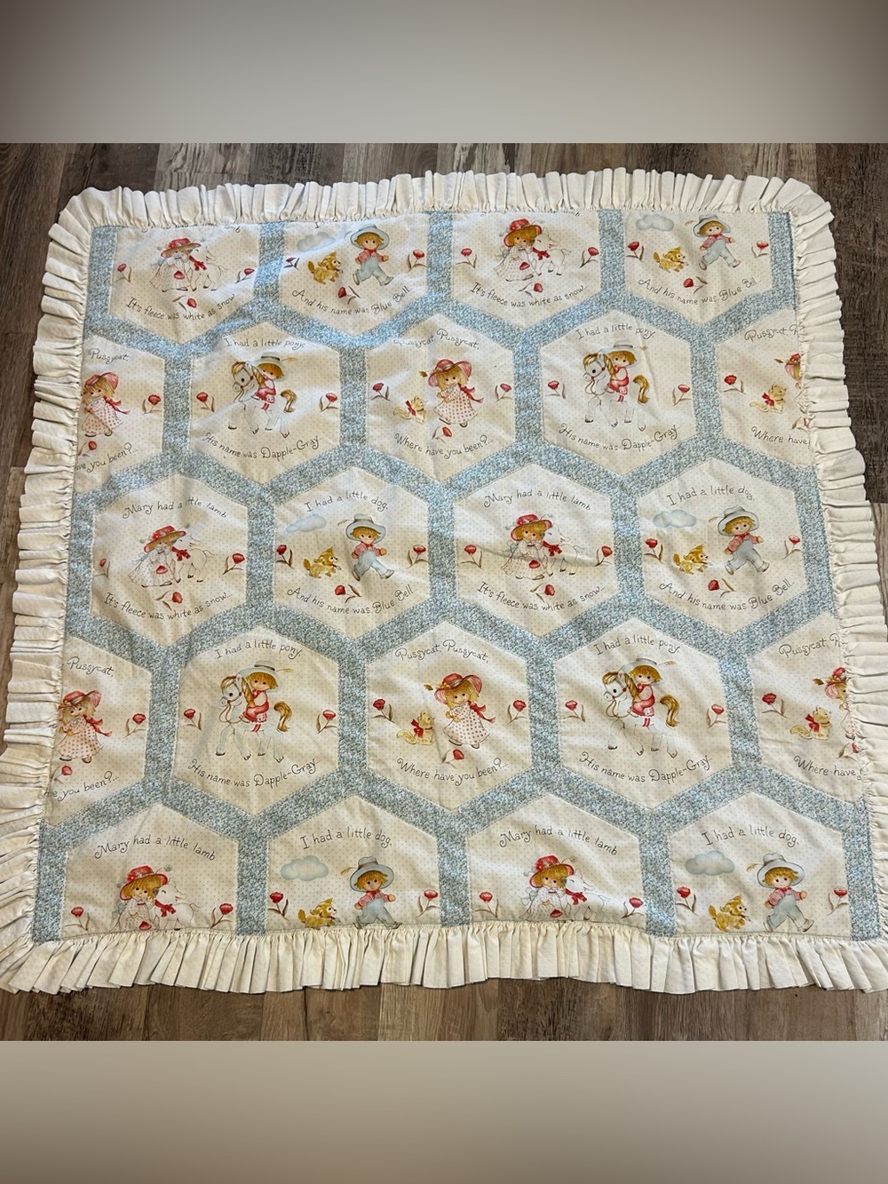 Vintage 80s baby blue and white blanket nursery rhyme spring mills hexagon 46x46